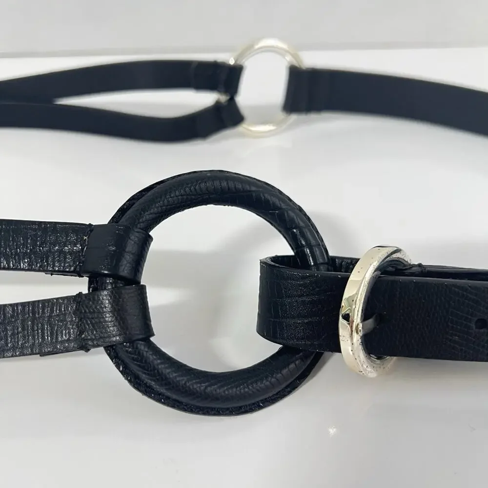 Chico's Genuine Leather Statement Belt Women Medium Black Boho Retro Ring Buckle